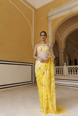   Yellow white shaded hand painted floral chiffon saree with blouse 1