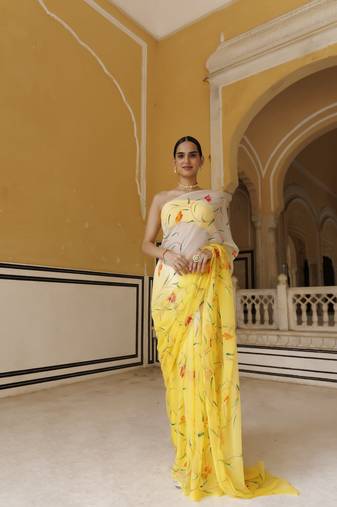 Geroo Jaipur Yellow-white shaded hand painted floral chiffon saree with blouse