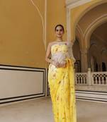 Geroo Jaipur Yellow-white shaded hand painted floral chiffon saree with blouse