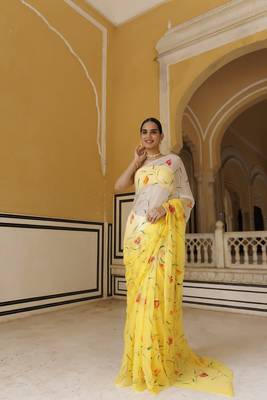   Yellow white shaded hand painted floral chiffon saree with blouse 2