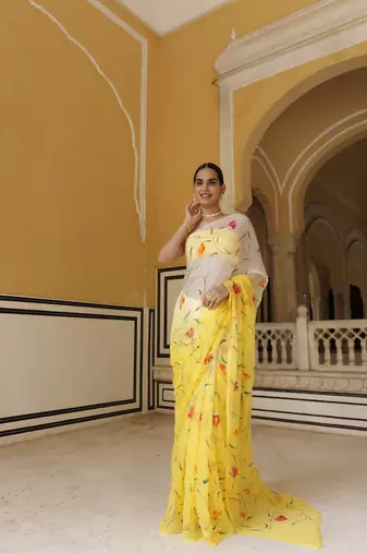   Yellow white shaded hand painted floral chiffon saree with blouse