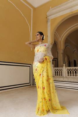   Yellow white shaded hand painted floral chiffon saree with blouse 3
