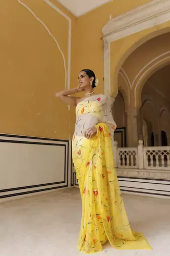   Yellow white shaded hand painted floral chiffon saree with blouse