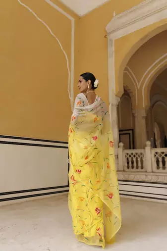   Yellow white shaded hand painted floral chiffon saree with blouse
