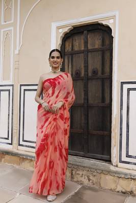   Peach red hand dyed shibori bandhani chiffon saree with blouse 1