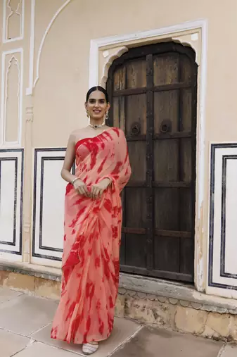 Geroo Jaipur Peach-red hand dyed shibori bandhani chiffon saree with blouse