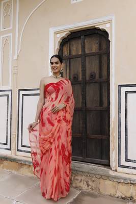   Peach red hand dyed shibori bandhani chiffon saree with blouse 2