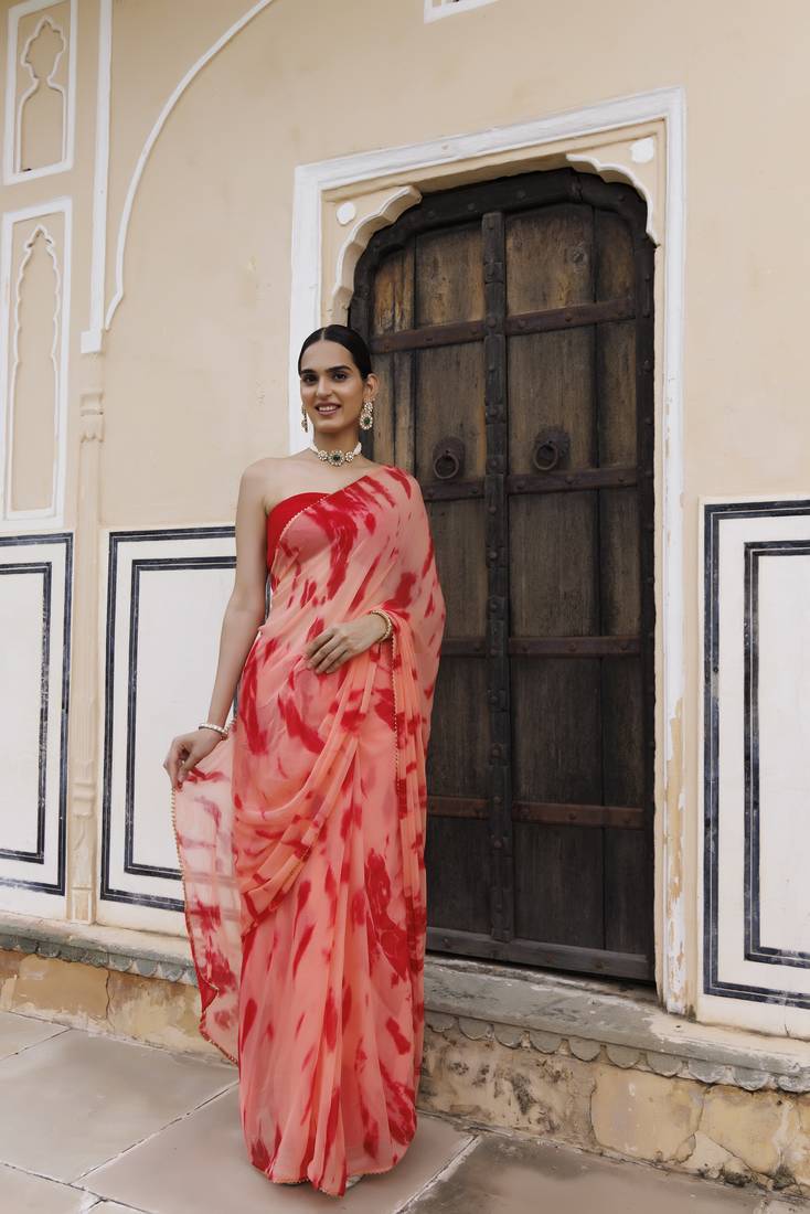 Geroo Jaipur Peach-red hand dyed shibori bandhani chiffon saree with blouse