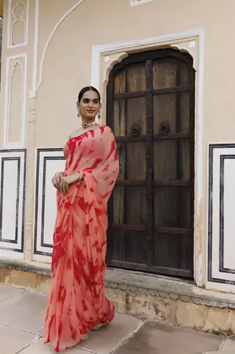   Peach red hand dyed shibori bandhani chiffon saree with blouse