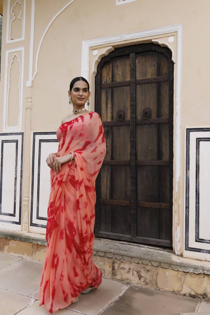 Geroo Jaipur Peach-red hand dyed shibori bandhani chiffon saree with blouse