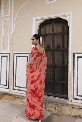   Peach red hand dyed shibori bandhani chiffon saree with blouse 5