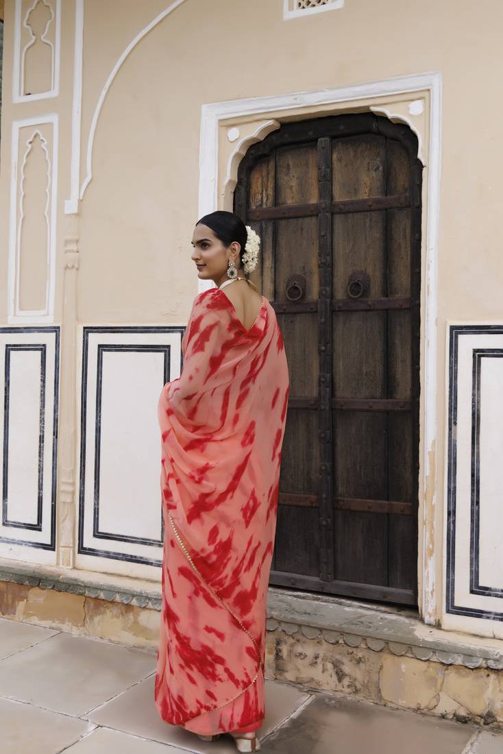 Geroo Jaipur Peach-red hand dyed shibori bandhani chiffon saree with blouse