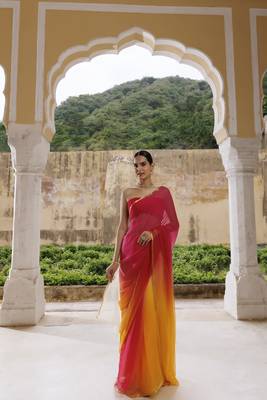 Yellow red shaded hand dyed plain chiffon saree with jacquard blouse 1