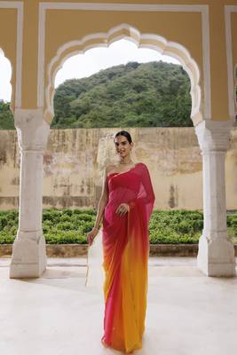 Yellow red shaded hand dyed plain chiffon saree with jacquard blouse 2