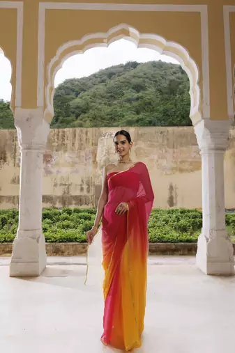 Yellow red shaded hand dyed plain chiffon saree with jacquard blouse
