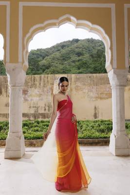 Yellow red shaded hand dyed plain chiffon saree with jacquard blouse 4