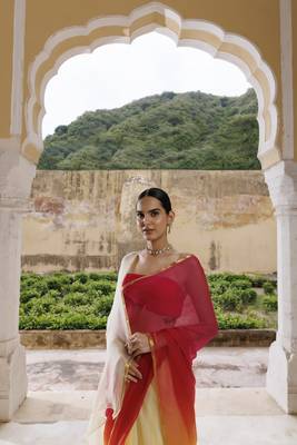 Yellow red shaded hand dyed plain chiffon saree with jacquard blouse 5