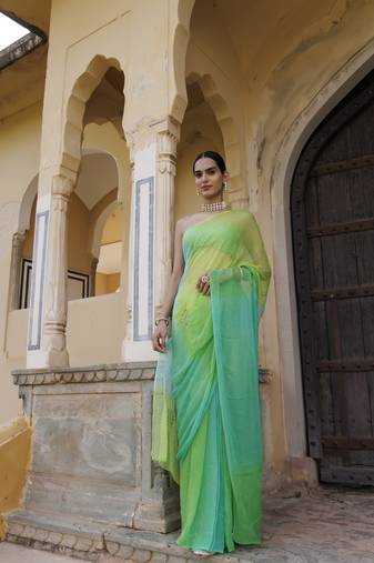 Green shaded mukaish jaal hand embroidered chiffon saree with blouse