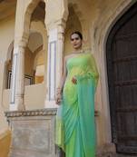 Green shaded mukaish jaal hand embroidered chiffon saree with blouse