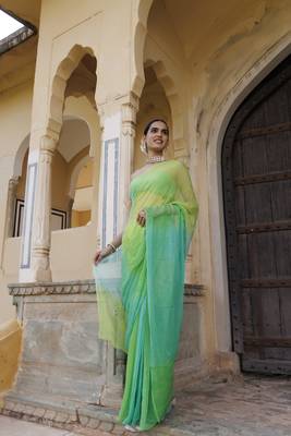 Green shaded mukaish jaal hand embroidered chiffon saree with blouse 2