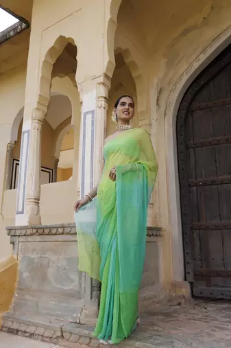 Green shaded mukaish jaal hand embroidered chiffon saree with blouse