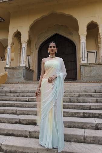 Geroo Jaipur Multi shaded mukaish jaal hand embroidered chiffon saree with blouse