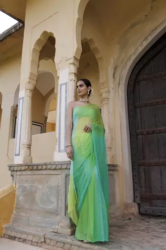Green shaded mukaish jaal hand embroidered chiffon saree with blouse