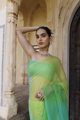 Green shaded mukaish jaal hand embroidered chiffon saree with blouse 4