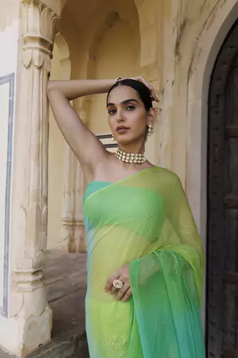 Green shaded mukaish jaal hand embroidered chiffon saree with blouse