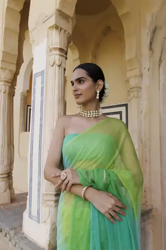Green shaded mukaish jaal hand embroidered chiffon saree with blouse