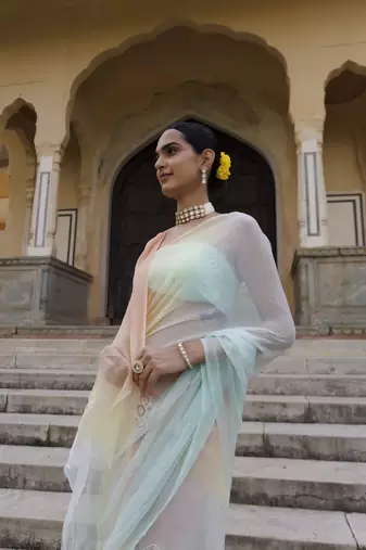  Multi shaded mukaish jaal hand embroidered chiffon saree with blouse
