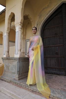   Multi Shaded Mukaish Hand Embroidered Chiffon Saree with Blouse 1