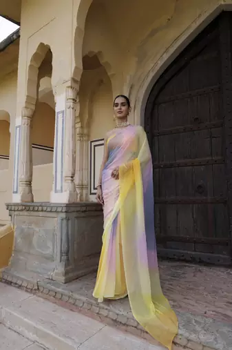 Geroo Jaipur Multi Shaded Mukaish Hand Embroidered Chiffon Saree with Blouse