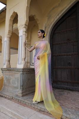   Multi Shaded Mukaish Hand Embroidered Chiffon Saree with Blouse 2