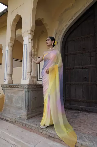   Multi Shaded Mukaish Hand Embroidered Chiffon Saree with Blouse