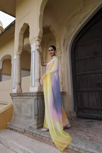   Multi Shaded Mukaish Hand Embroidered Chiffon Saree with Blouse