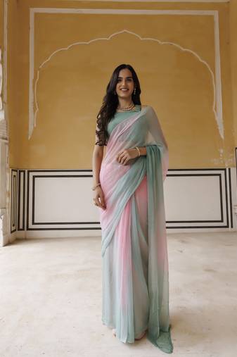 Geroo Jaipur Pink-Green Shaded Mukaish Hand Embroidered Chiffon Saree with Blouse