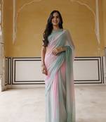 Geroo Jaipur Pink-Green Shaded Mukaish Hand Embroidered Chiffon Saree with Blouse
