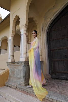  Multi Shaded Mukaish Hand Embroidered Chiffon Saree with Blouse 4