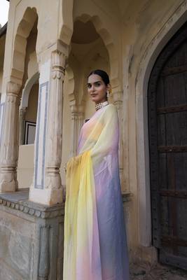   Multi Shaded Mukaish Hand Embroidered Chiffon Saree with Blouse 5