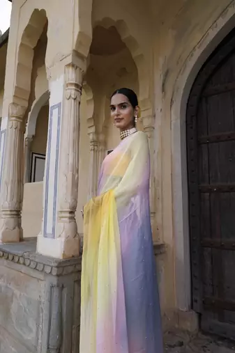   Multi Shaded Mukaish Hand Embroidered Chiffon Saree with Blouse