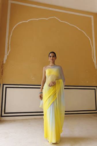 Geroo Jaipur Yellow Shaded Mukaish Hand Embroidered Chiffon Saree with Blouse