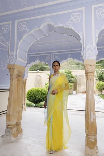 Geroo Jaipur Yellow-Blue Shaded Mukaish Hand Embroidered Chiffon Saree with Blouse