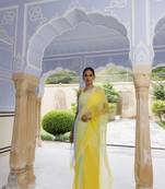 Geroo Jaipur Yellow-Blue Shaded Mukaish Hand Embroidered Chiffon Saree with Blouse