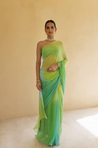 Green shaded mukaish hand embroidered chiffon saree with blouse