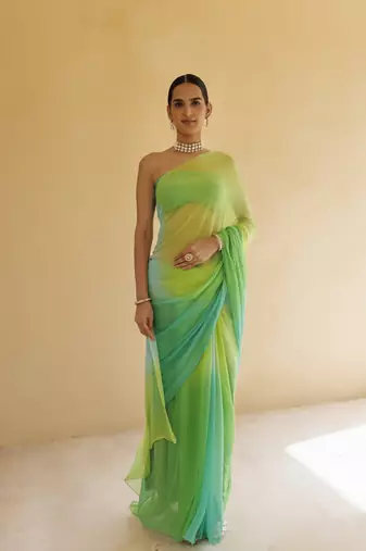 Green shaded mukaish hand embroidered chiffon saree with blouse