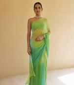 Green shaded mukaish hand embroidered chiffon saree with blouse