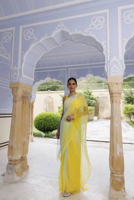   Yellow Blue Shaded Mukaish Hand Embroidered Chiffon Saree with Blouse 2