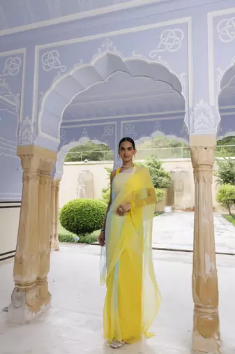   Yellow Blue Shaded Mukaish Hand Embroidered Chiffon Saree with Blouse