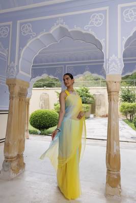  Yellow Blue Shaded Mukaish Hand Embroidered Chiffon Saree with Blouse 3